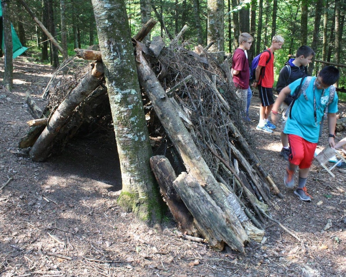A lean-to shelter made of fallen sticks and logs
